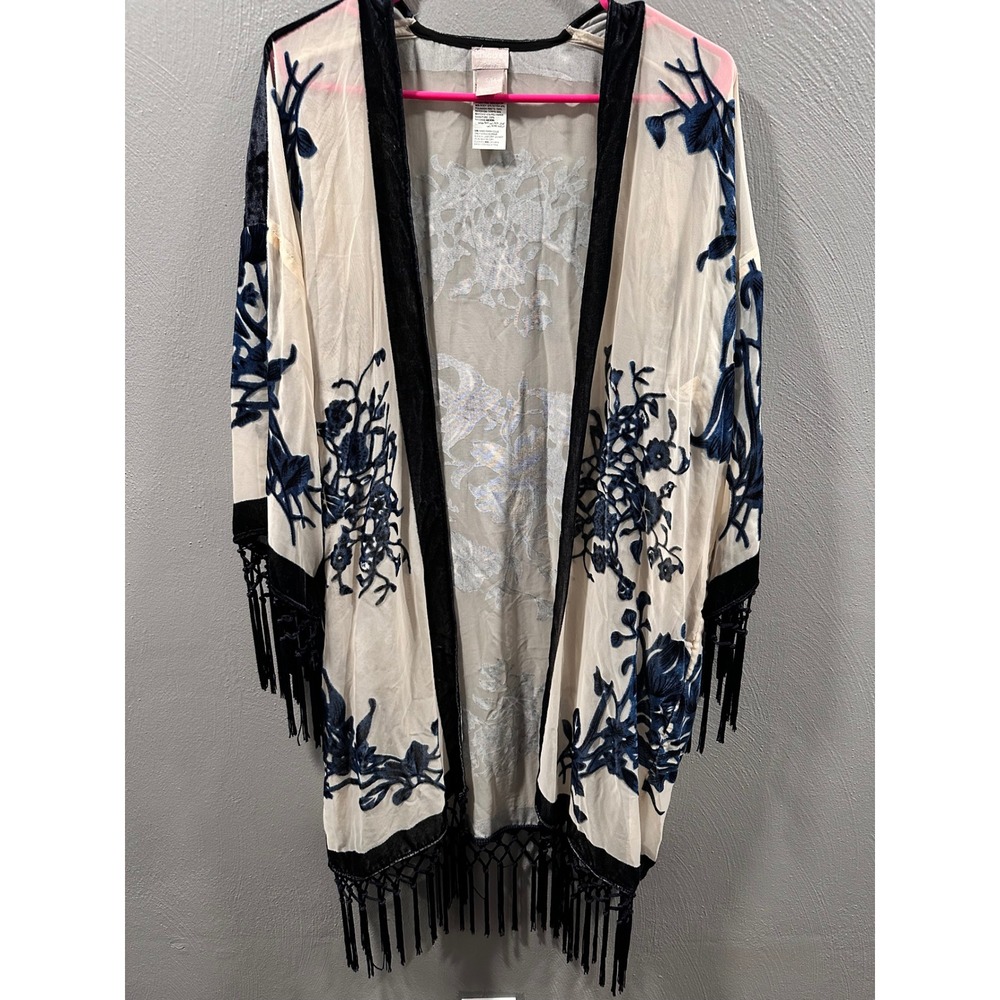Chicos Travelers Womens SM Kimono Whimsigoth Velvet Burnout Floral Fringe Boho